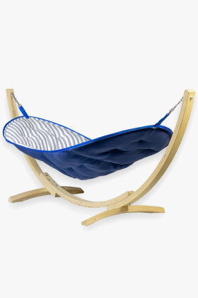 Fa vázú kék ponyvás kerti függőágy 100% olefin anyagból